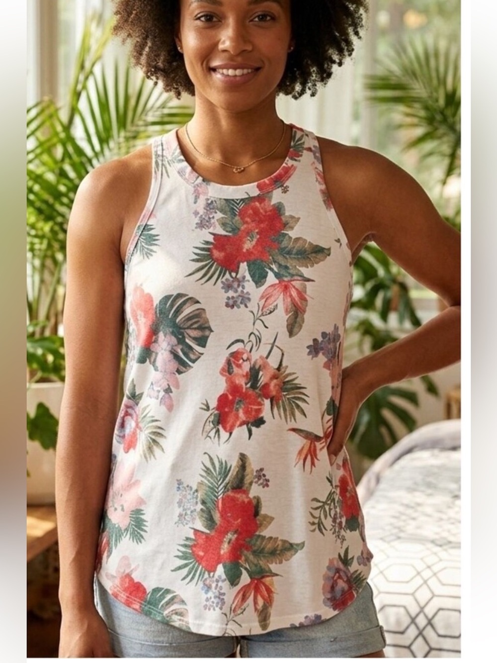 Evereve White Tank Top with Coral and Pink Floral Print